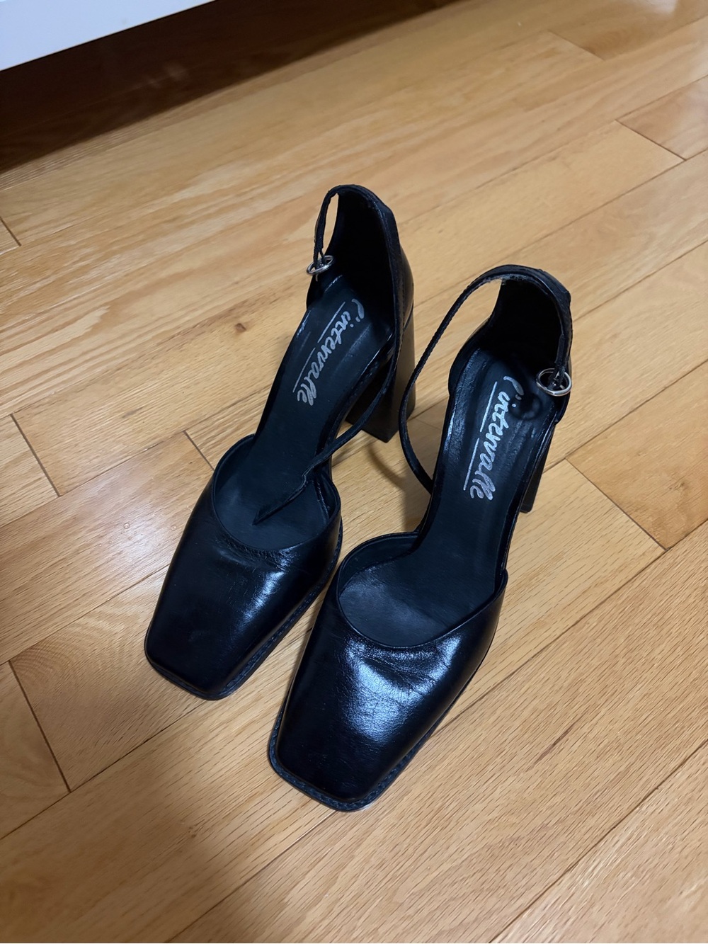 L'INTERVALLE Black Leather Square-Toe Ankle-Strap Block Heels